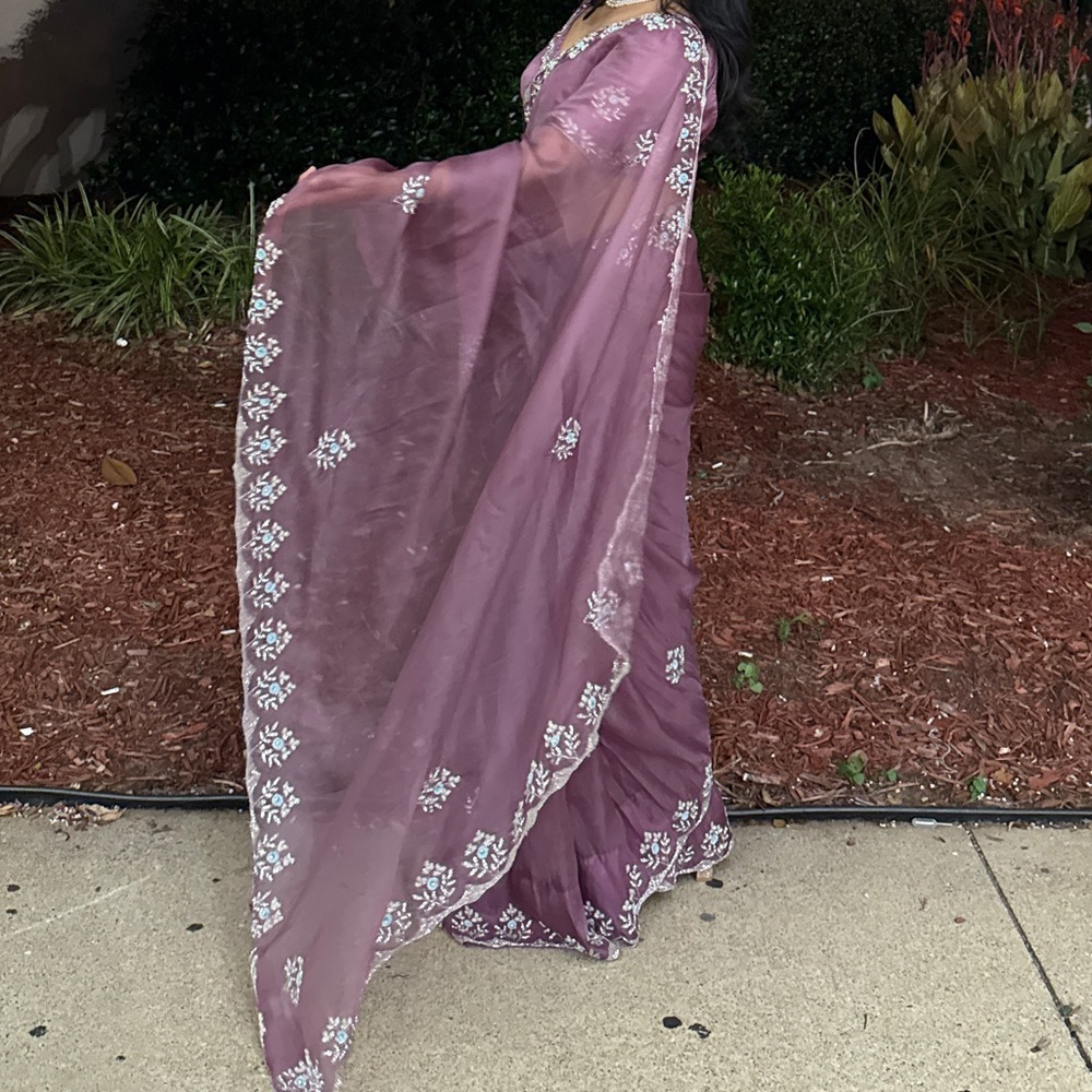 Elegant Purple Saree with Silver Embroidery